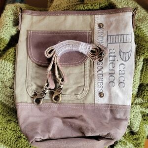 Large Peace Patience Canvas & Leatger Military Tent Crossbody Bag‎ New